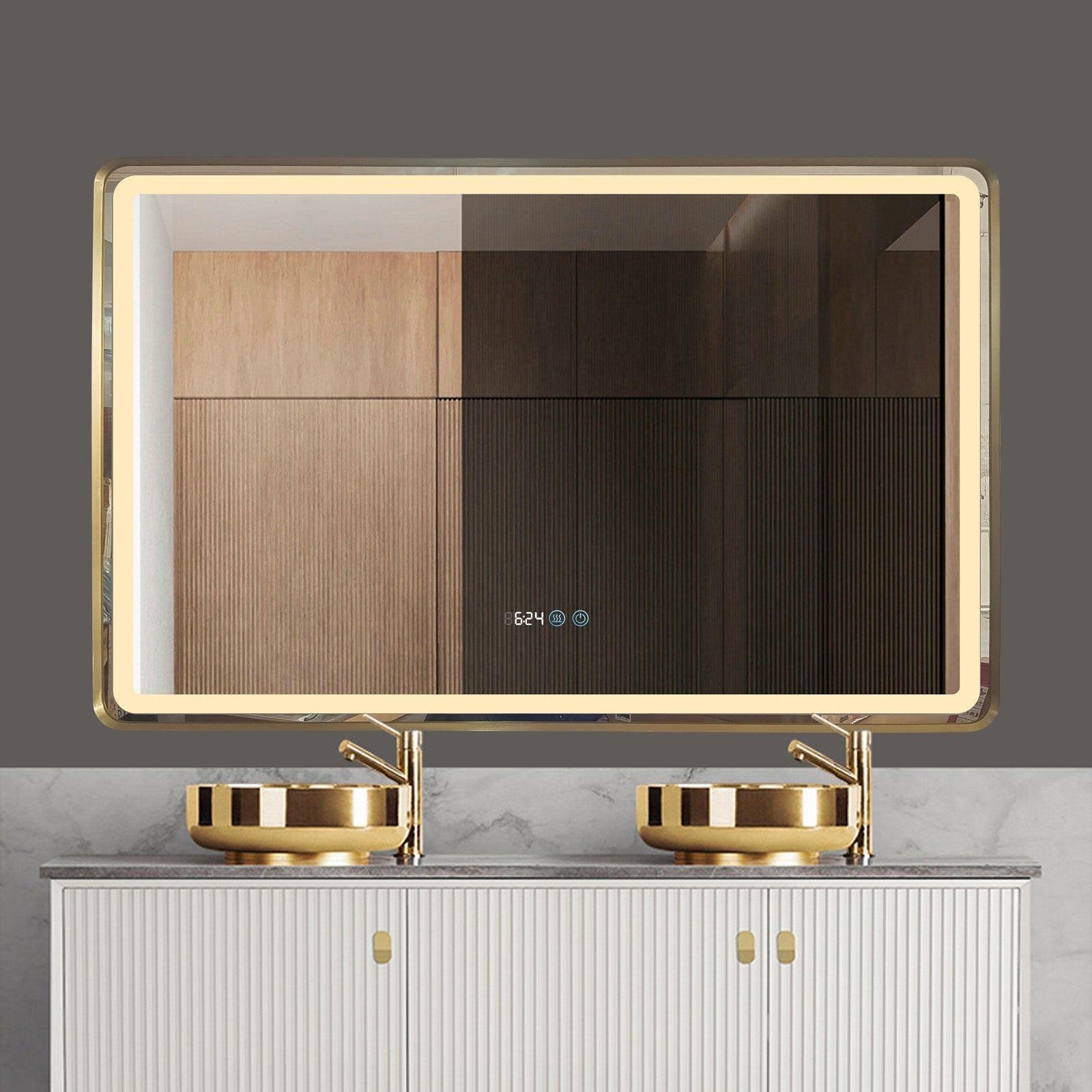 Oglinda LED 110x70cm Rama Aurie, Dezaburire, Ceas, Temperatura, Touch si 3 Lumini OD058/GD
