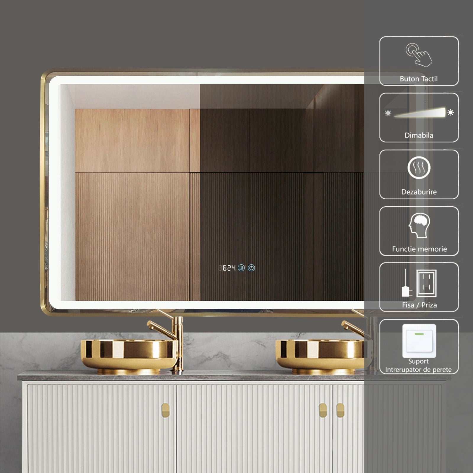 Oglinda LED 110x70cm Rama Aurie, Dezaburire, Ceas, Temperatura, Touch si 3 Lumini OD058/GD
