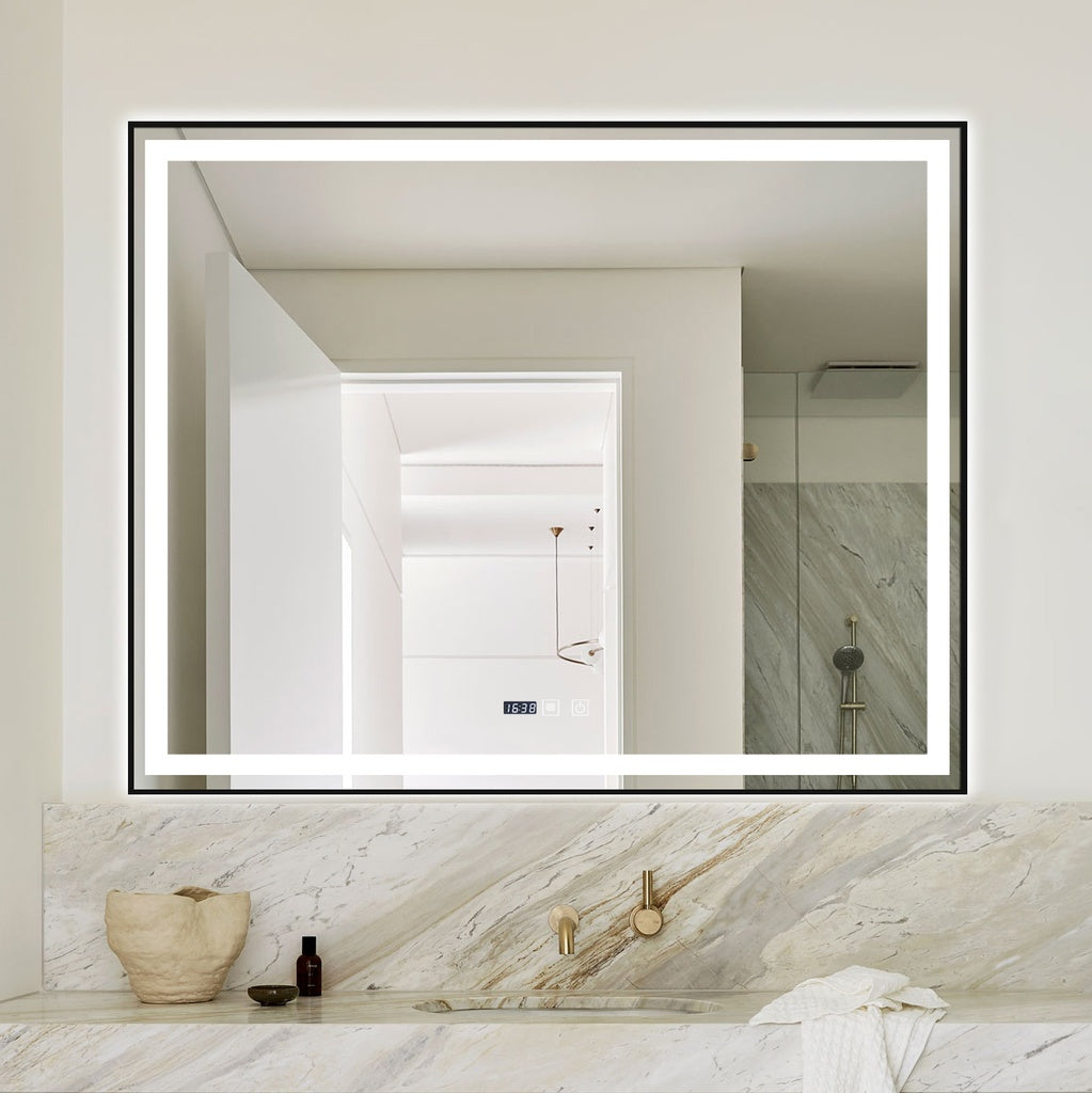 Oglinda LED 100x80cm cu Rama Neagra Functie Dezaburire, Touch si Ceas J42