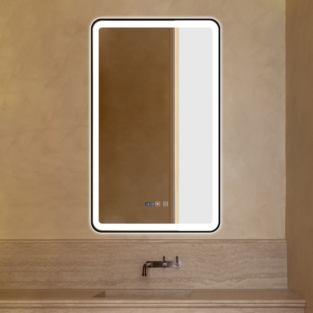 Oglinda LED 60x100cm cu Rama Neagra Functie Dezaburire, Touch si Ceas J38