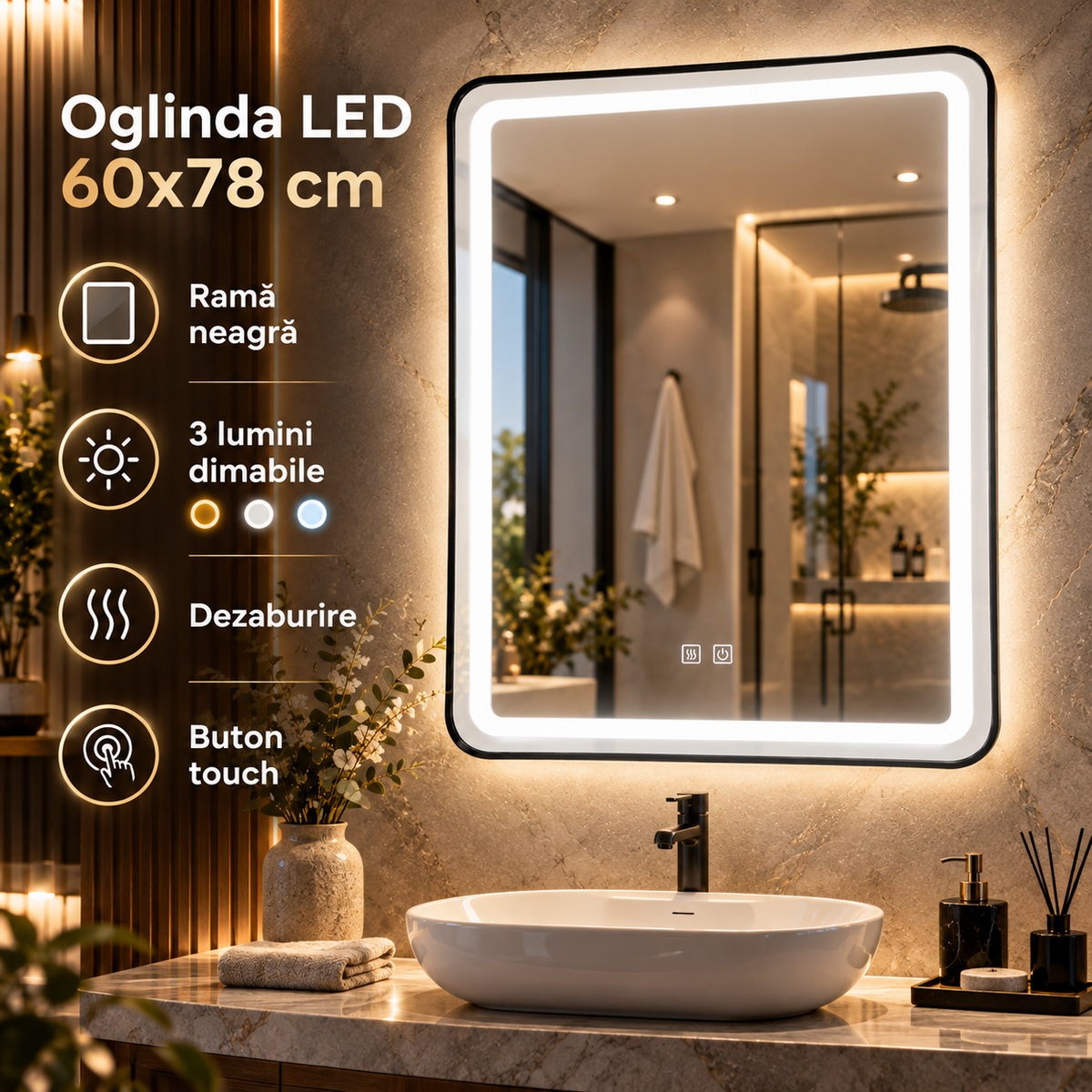 Oglinda LED 60x78cm Rama Neagra Dimabila 3 Lumini Dezaburire si Touch