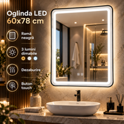 Oglinda LED 60x78cm Rama Neagra Dimabila 3 Lumini Dezaburire si Touch