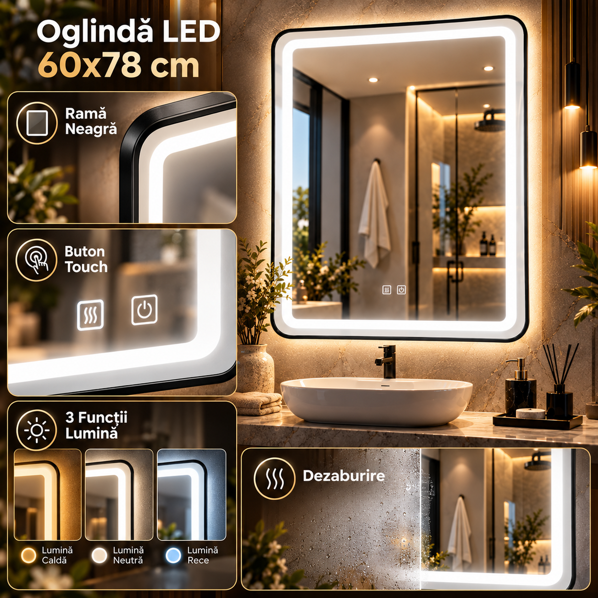 Oglinda LED 60x78cm Rama Neagra Dimabila 3 Lumini Dezaburire si Touch