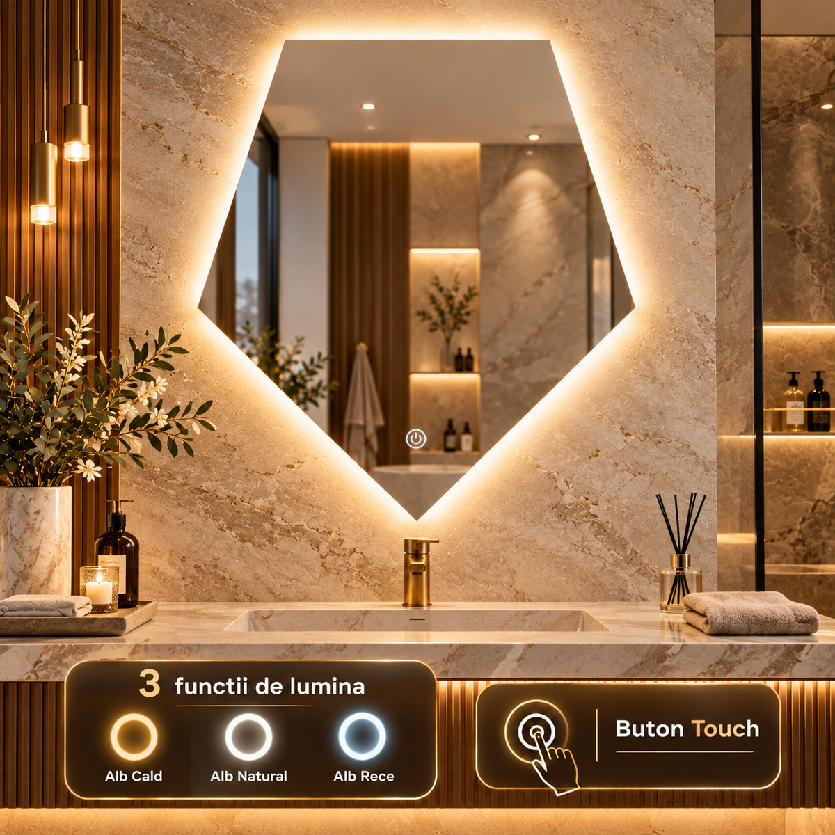 Oglinda LED FRAMELESS LYRA 80x90CM 3 Lumini si Touch
