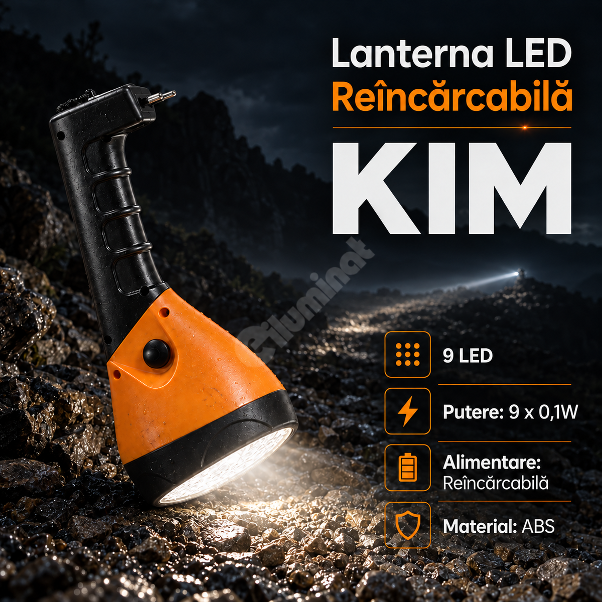 Lanterna LED KIM Portabila si Rotativa - Reincarcabila la Priza 220V cu acumulator