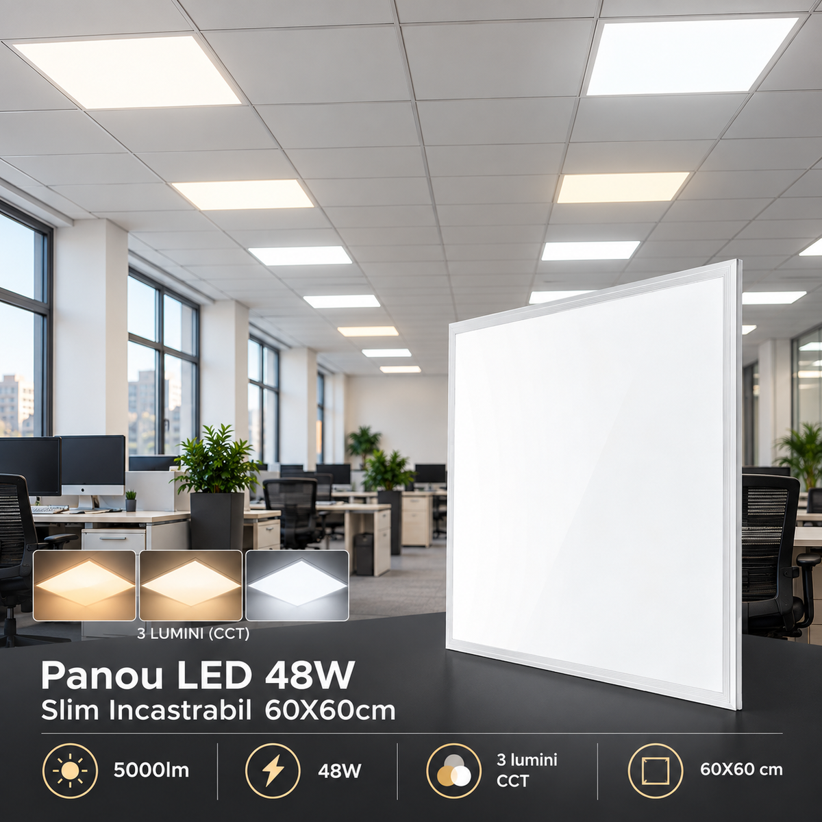 Panou LED 48W 60X60cm Slim Incastrabil Alb CCT