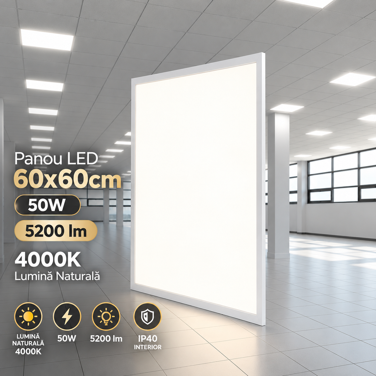 Panou LED 50W IP40 60x60cm, 5200lm, 4000K Slim Backlight
