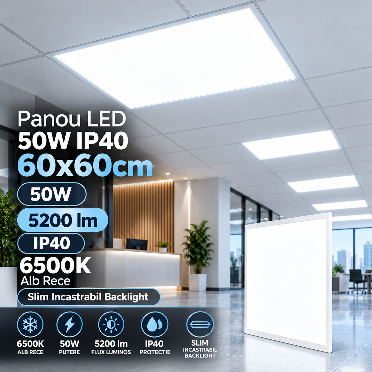 Panou LED 50W IP40 60x60cm, 5200lm, 6500K Slim Backlight