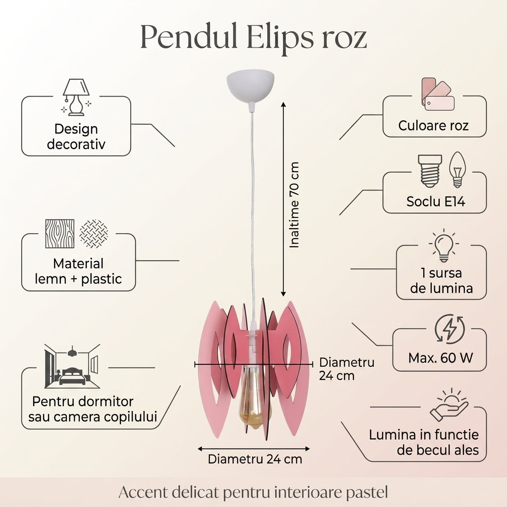 Pendul 1xE14 Elips Pink 70CM