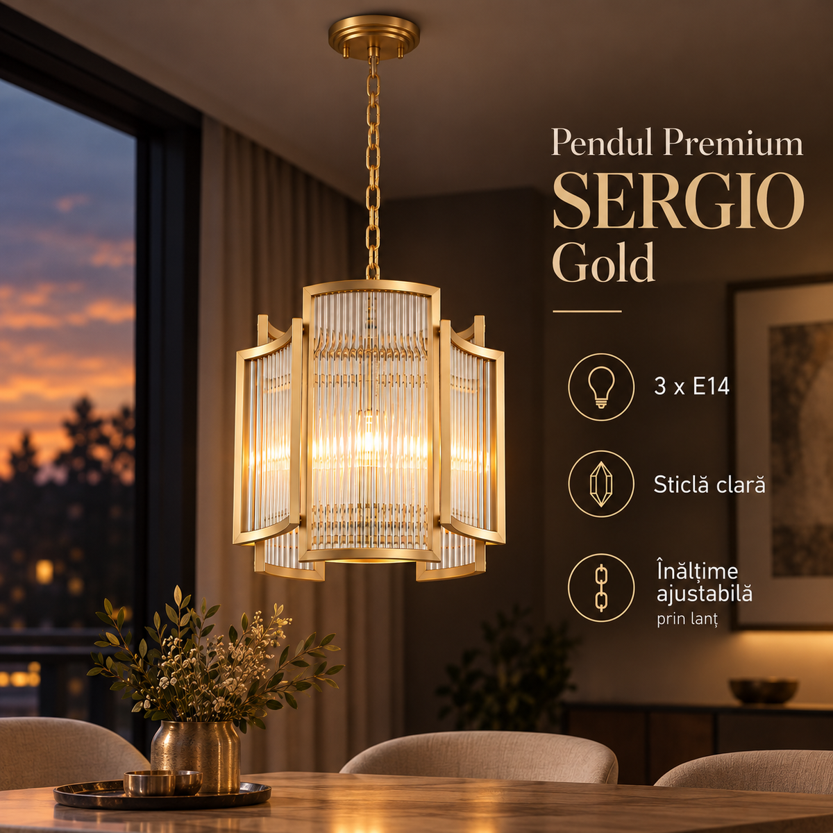 Candelabru Suspendat Premium SERGIO Gold 3 x E14
