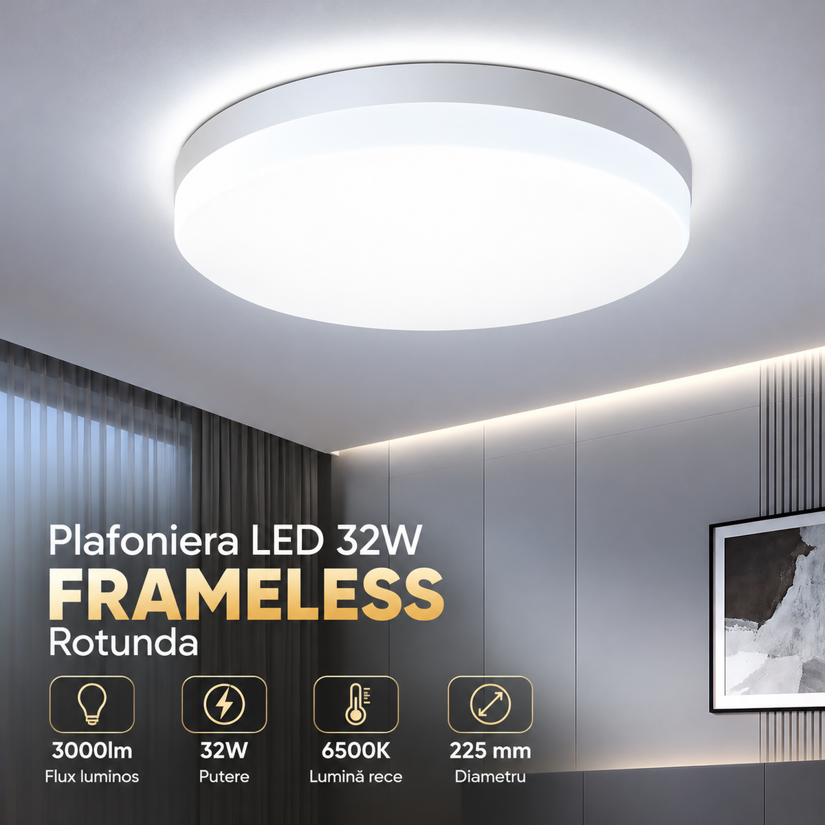 Plafoniera LED 32W FRAMELESS Rotunda Echivalent 300W Lumina Rece