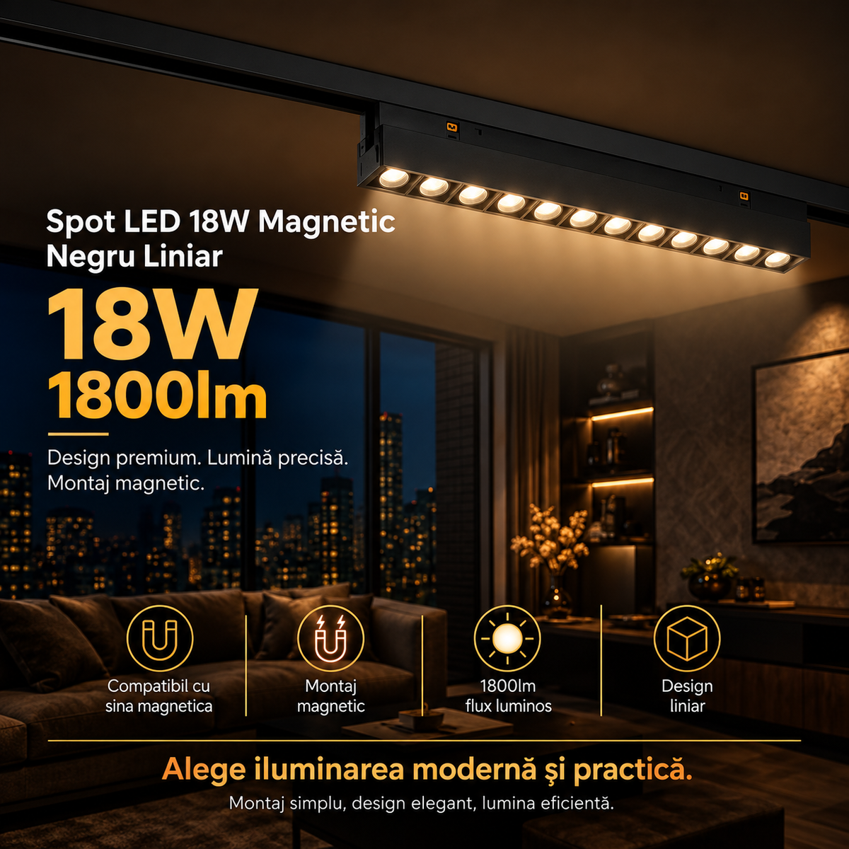 Spot LED 18W Magnetic Negru Liniar