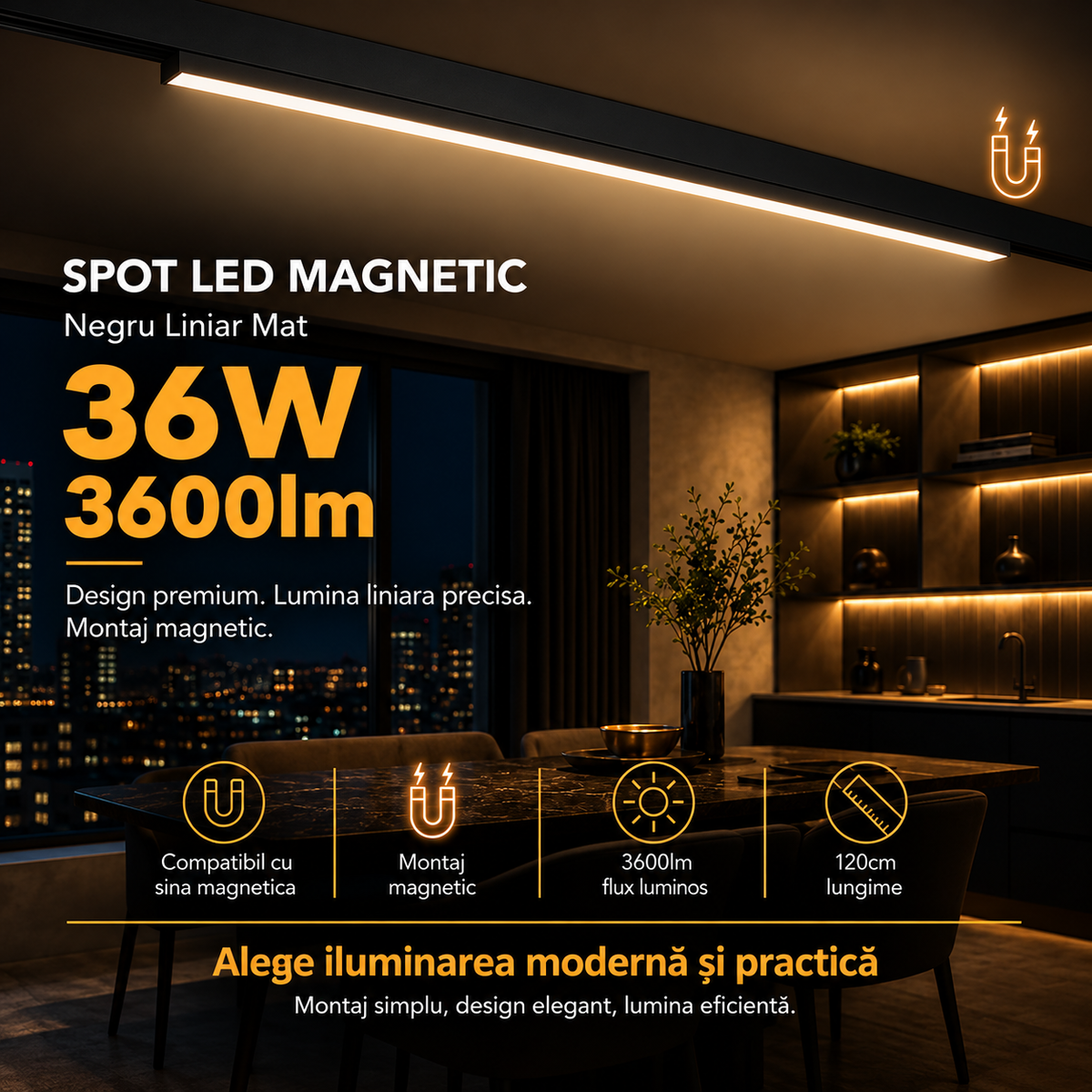 Spot LED 36W 120cm Magnetic Negru Liniar Mat