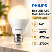 Bec LED A60 Mat Philips E27 Lumina Calda 6W Echivalent 40W