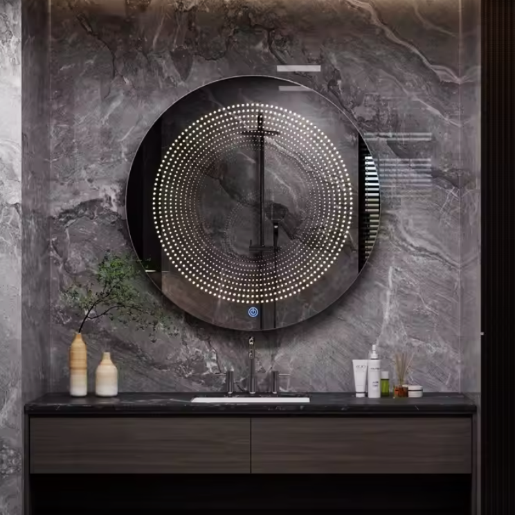 Oglinda LED Rotunda cu Rama Neagra 3D Infinity Mirror, 3 Lumini si Touch J183F