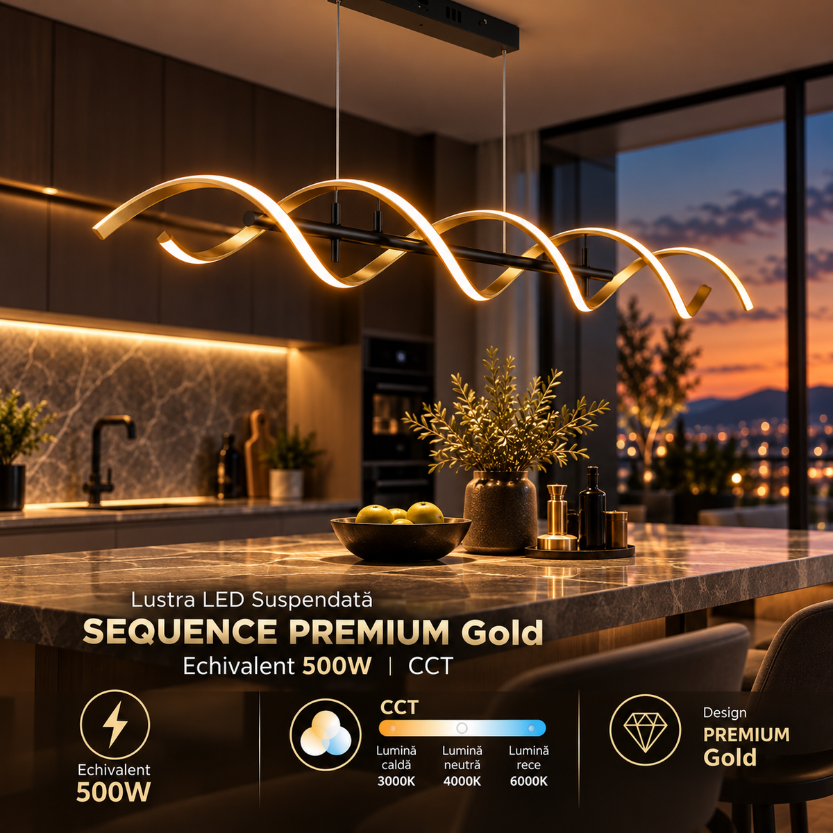 Lustra LED Suspendata SEQUENCE PREMIUM Gold Echivalent 500W