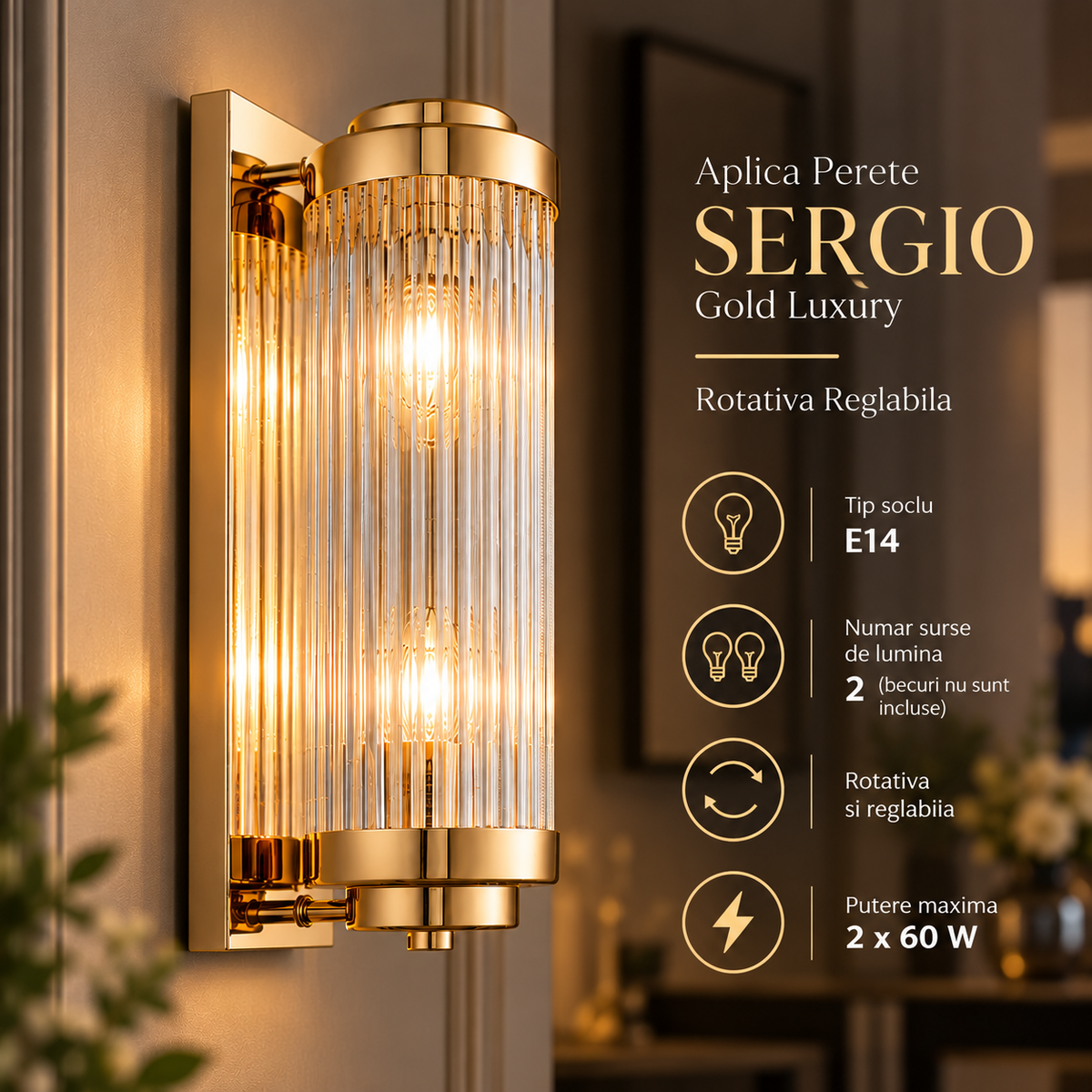 Aplica Perete Gold Luxury SERGIO Rotativa Reglabila