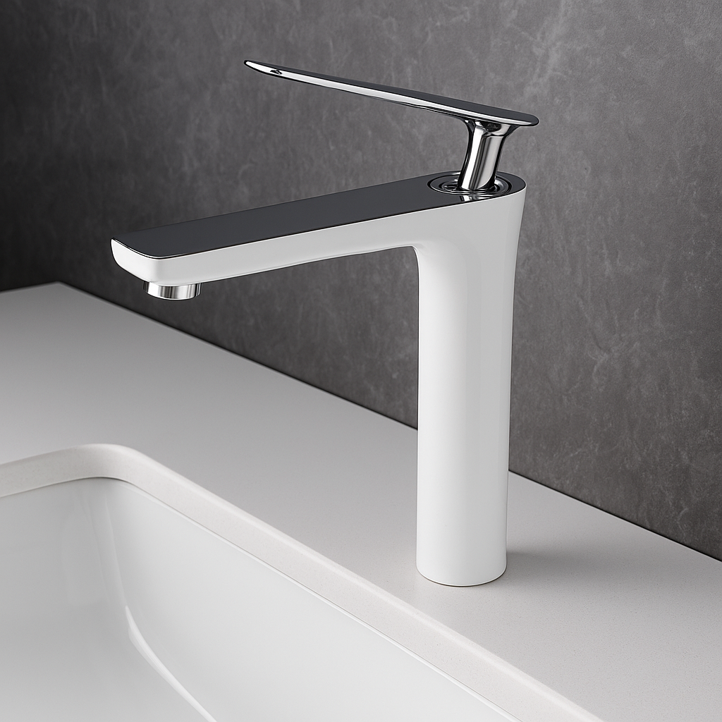 Baterie Inalta Pentru Lavoar Din Alama Finisaj Cromat Alb Design Modern