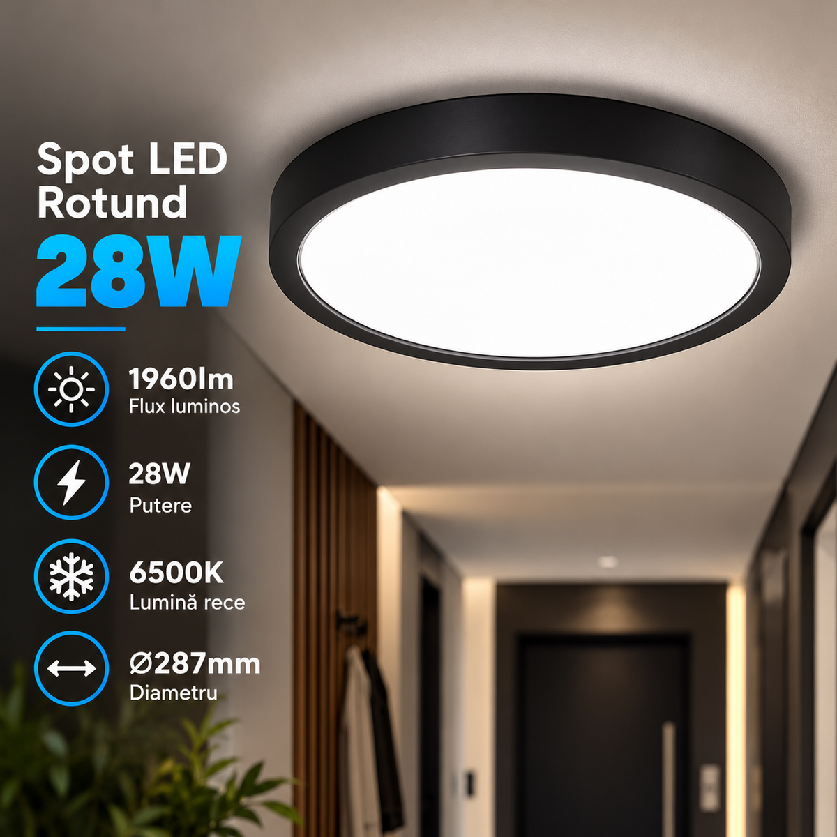 Spot LED 28W Rotund Negru / ⌀287mm / Aplicat