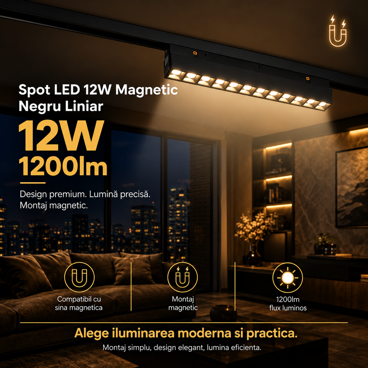 Spot LED 12W Magnetic Negru Liniar