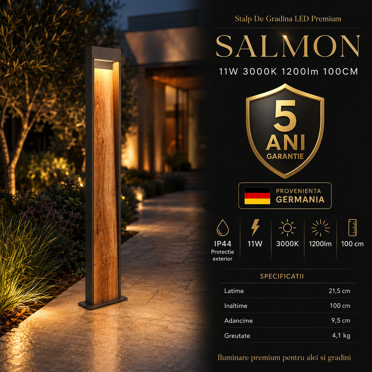 Stalp De Gradina LED Premium SALMON 11W 3000K 1200lm 100CM