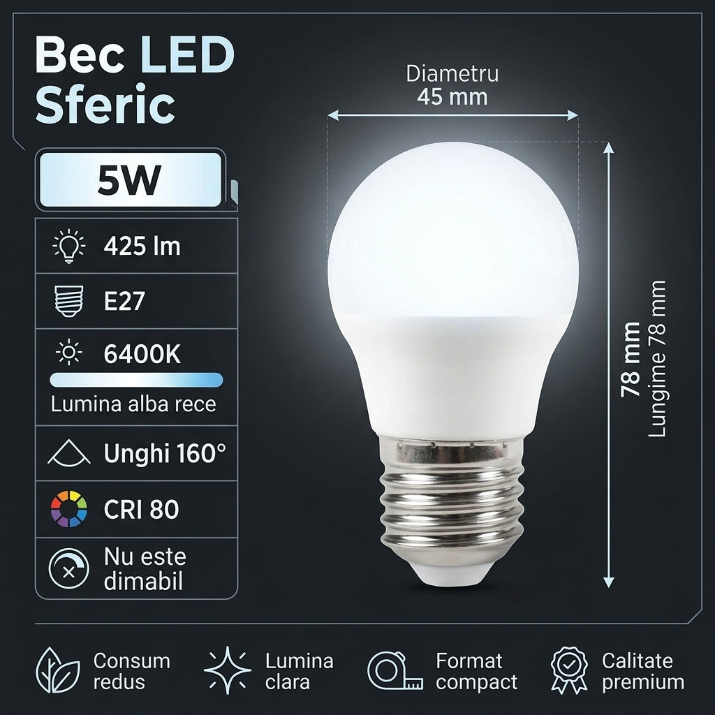 Bec LED Sfera Polar Mat E27 Lumina Rece 5W Echivalent 40W