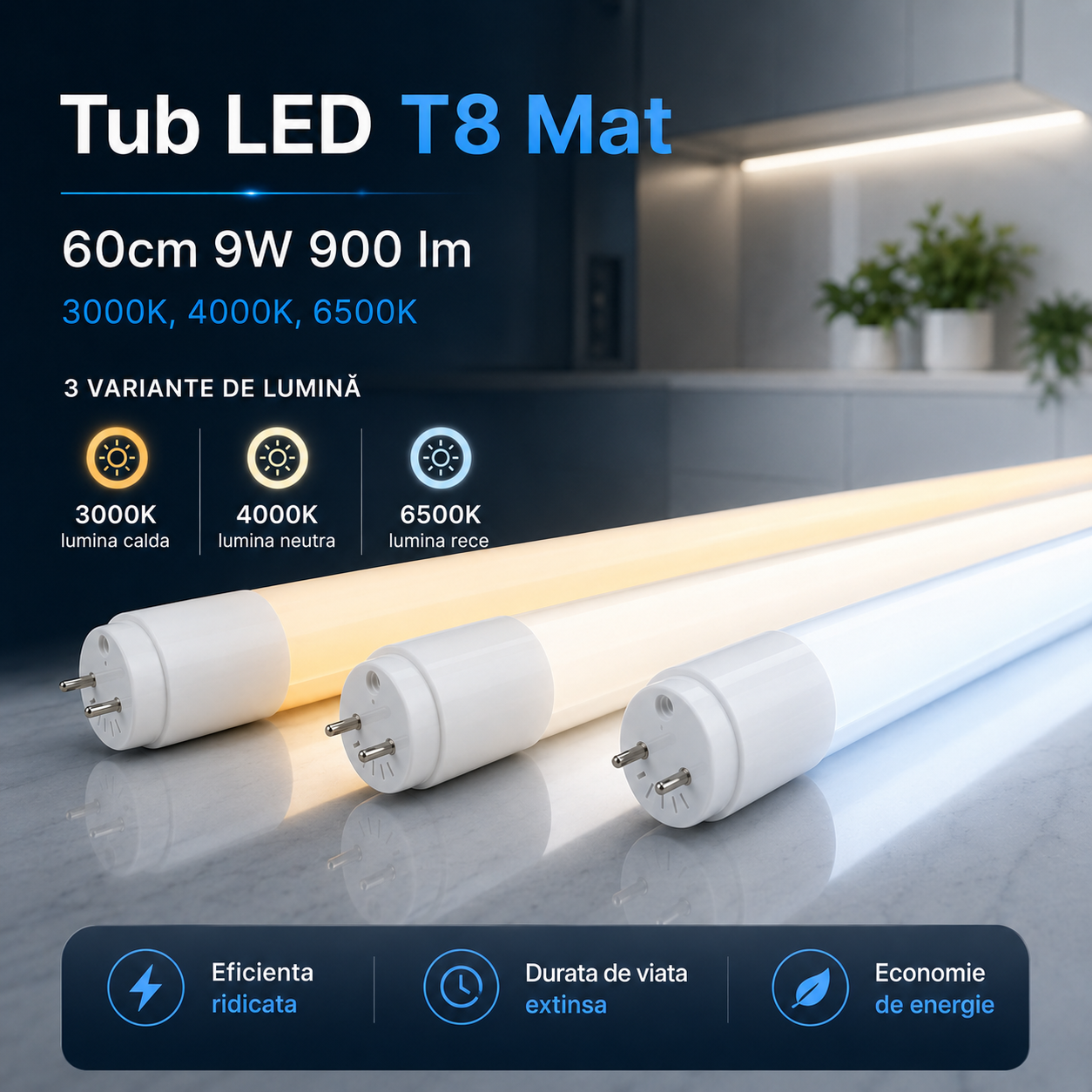 Tub LED T8 Mat 60cm 9W 900 lm Alimentare ambele capete