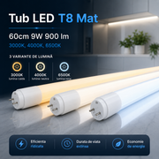 Tub LED T8 Mat 60cm 9W 900 lm Alimentare ambele capete