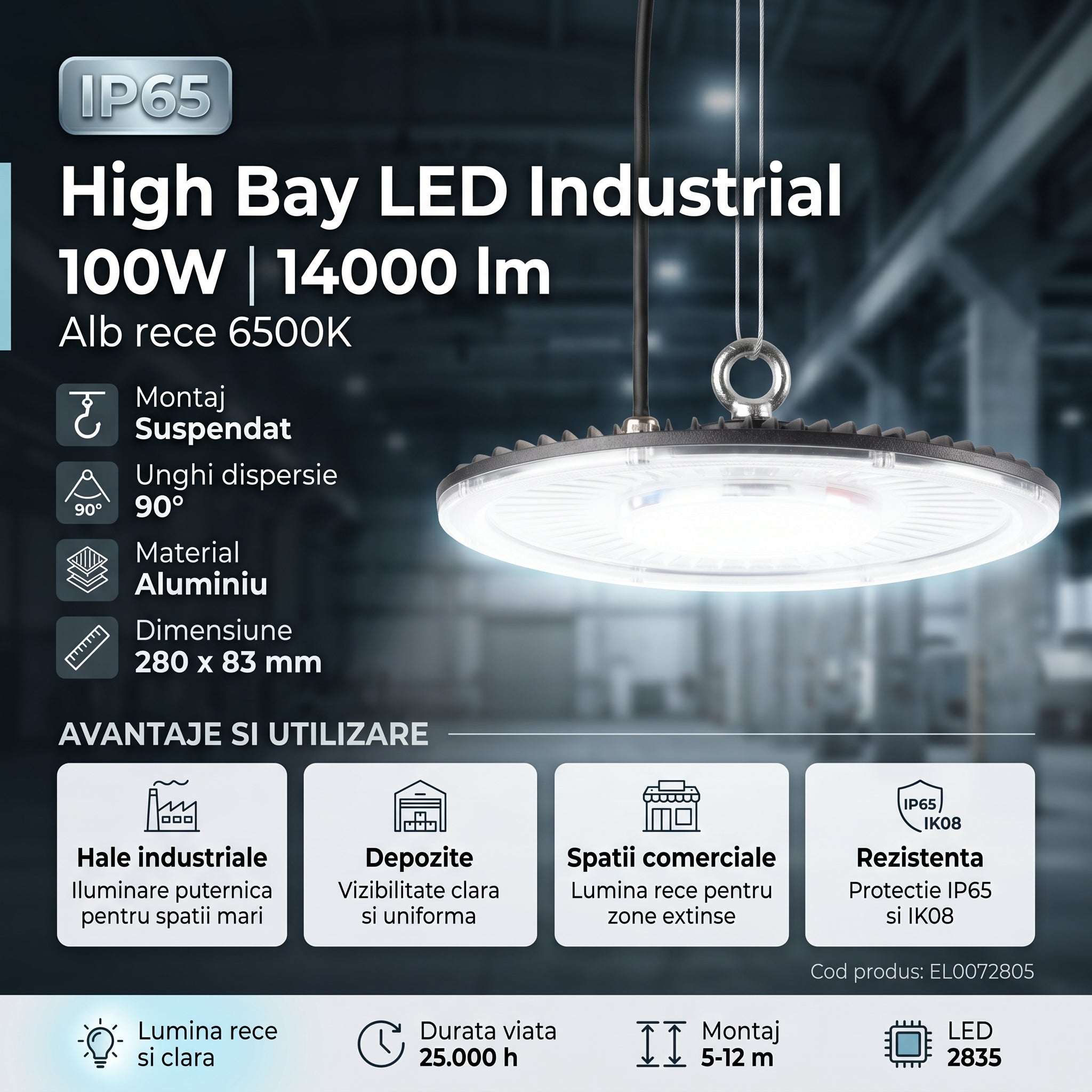Lampa LED Industriala High Bay 100W 6500K IP65 Ø280mm