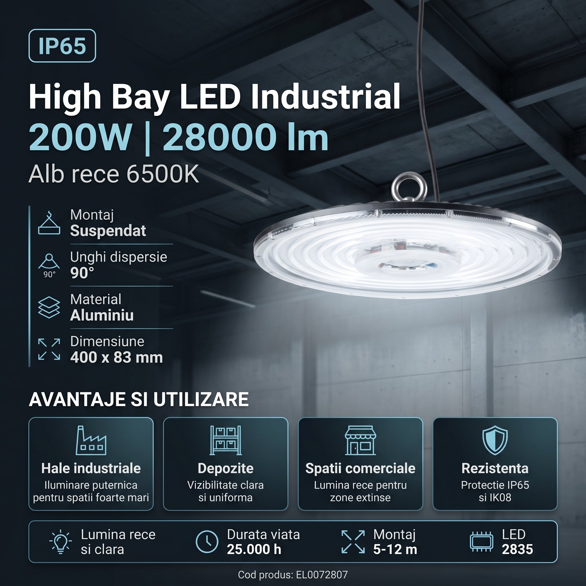 Lampa LED Industriala High Bay 200W 6500K IP65 Ø400mm