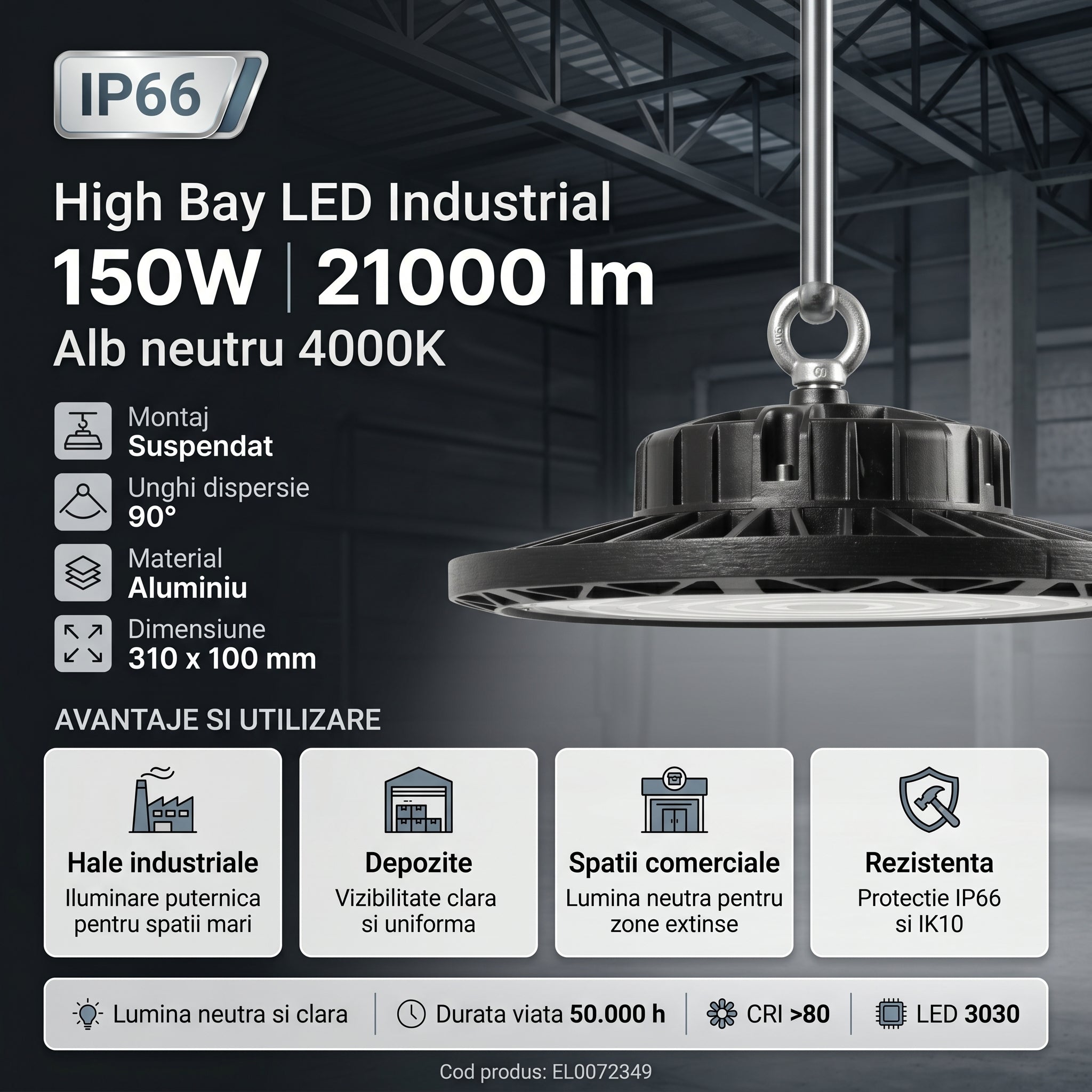Lampa LED Industriala High Bay SOLENTIS 150W 4000K IP66 Ø310mm