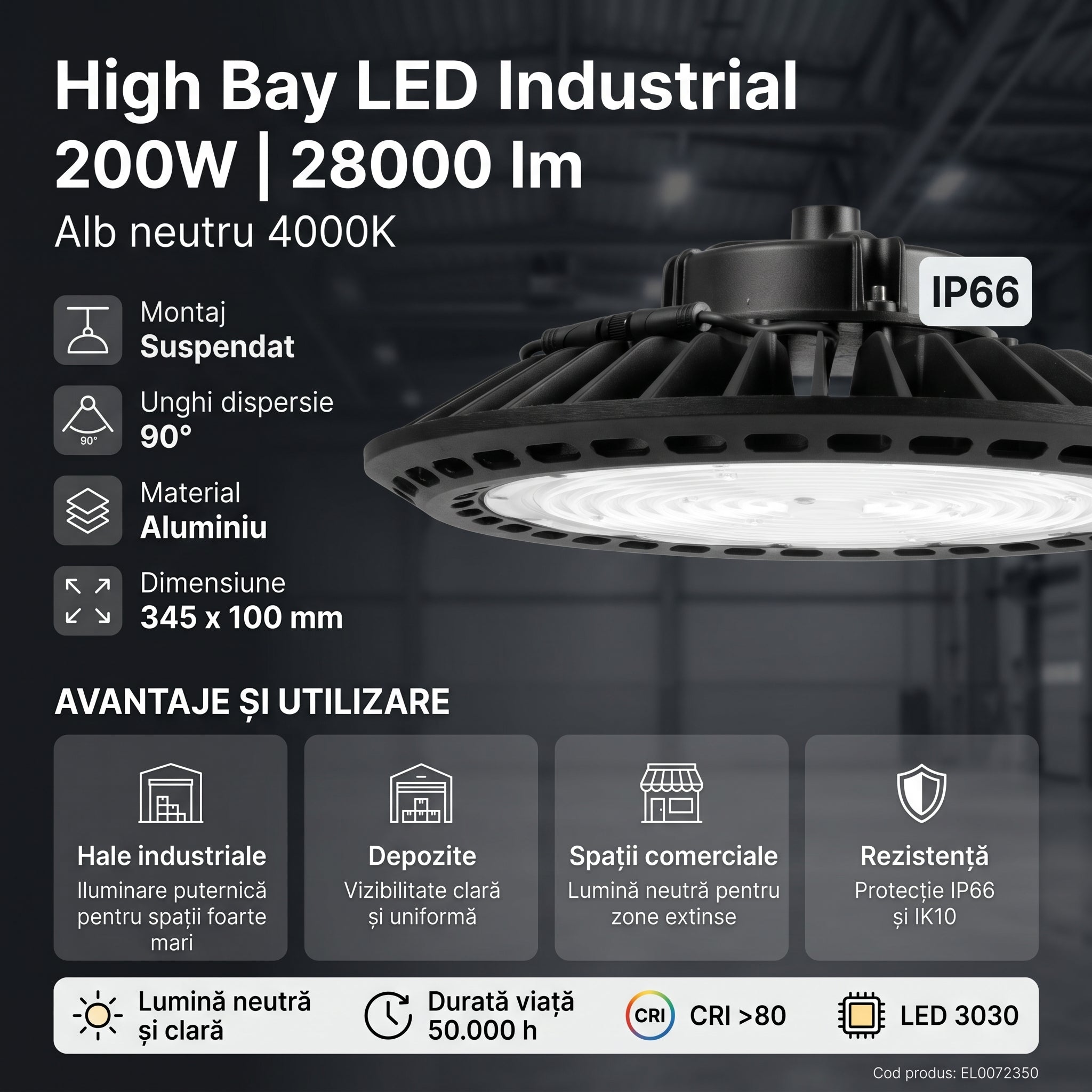Lampa LED Industriala High Bay SOLENTIS 200W 4000K IP66 Ø345mm