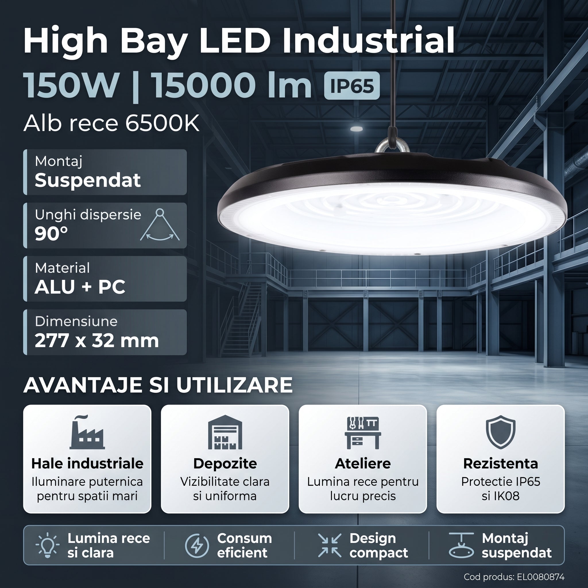 Lampa LED Industriala High Bay 150W 6500K IP65 Ø277mm