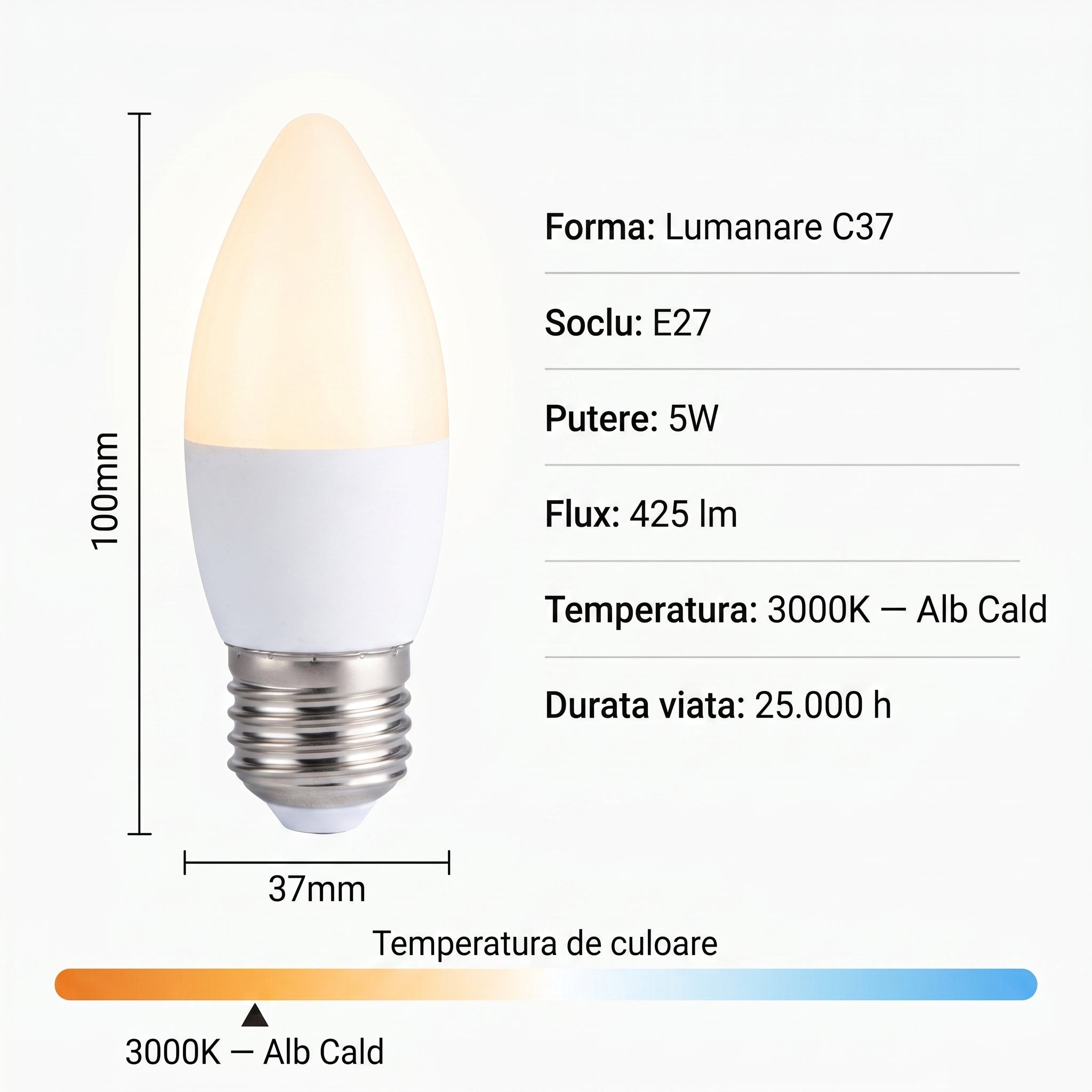 Bec LED Lumanare Mat E27 Lumina Calda Echivalent 25W
