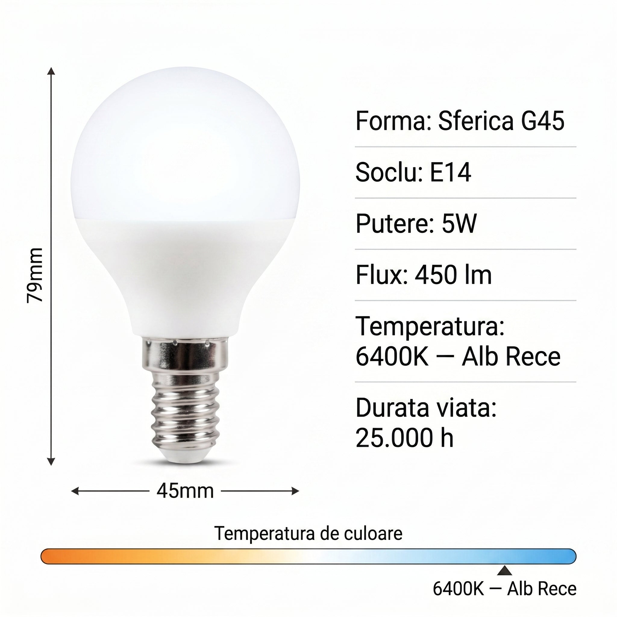 Bec LED Sferic Mat E14 Alb Rece 5W Echivalent 25W