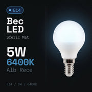 Bec LED Sferic Mat E14 Alb Rece 5W Echivalent 25W