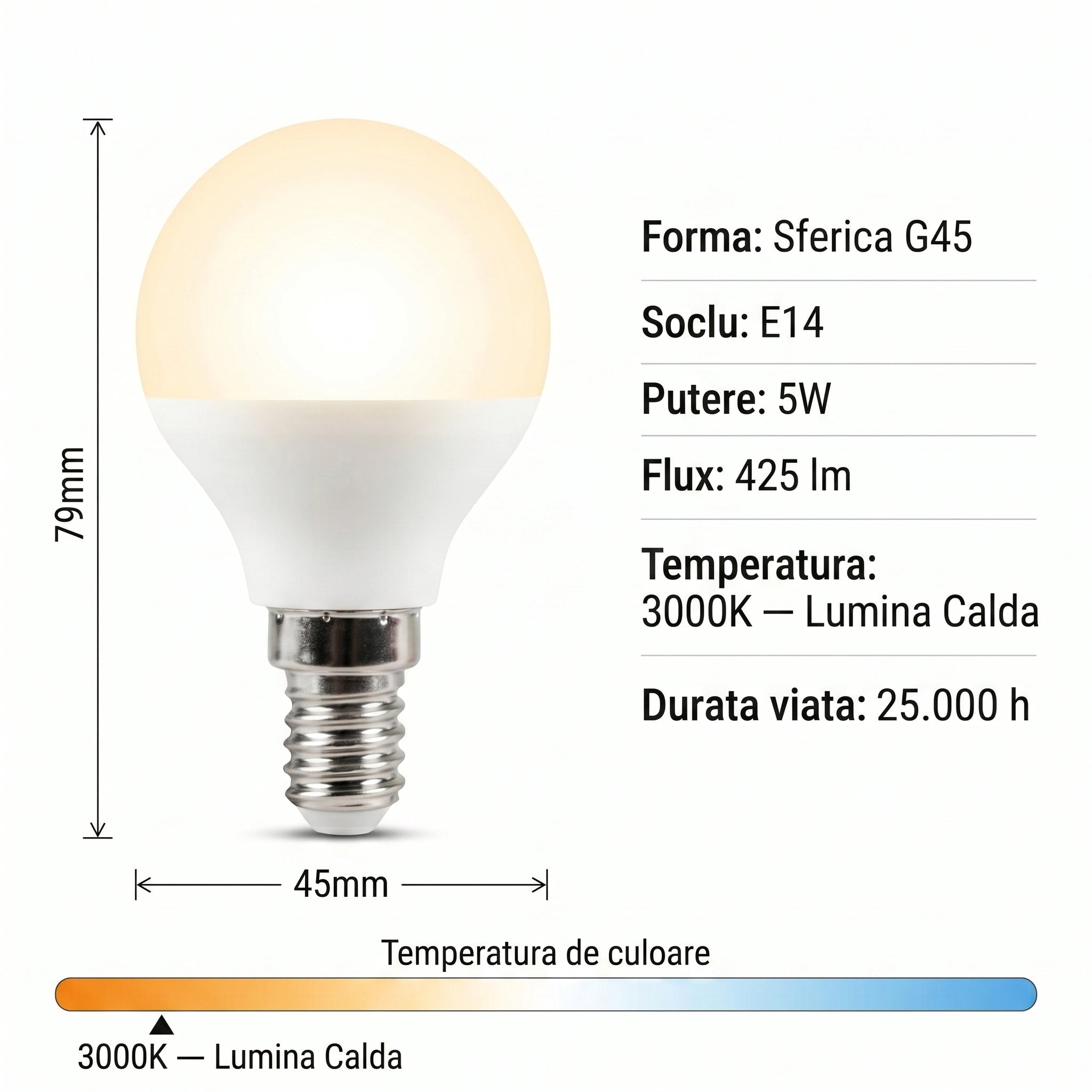 Bec LED Sferic Mat E14 Lumina Calda 5W Echivalent 25W
