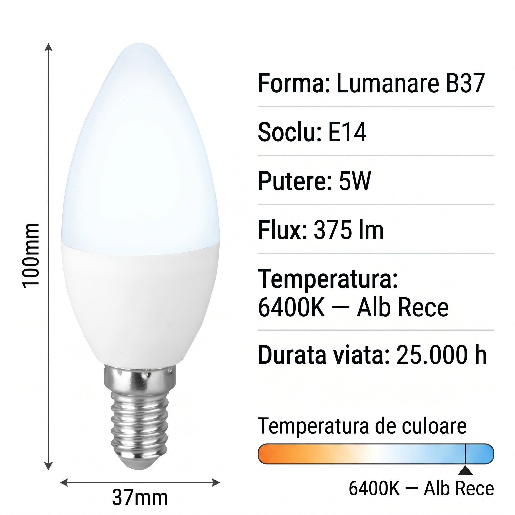 Bec LED E14 5W Lumanare Mat, 375lm, Echivalent 40W Alb Rece
