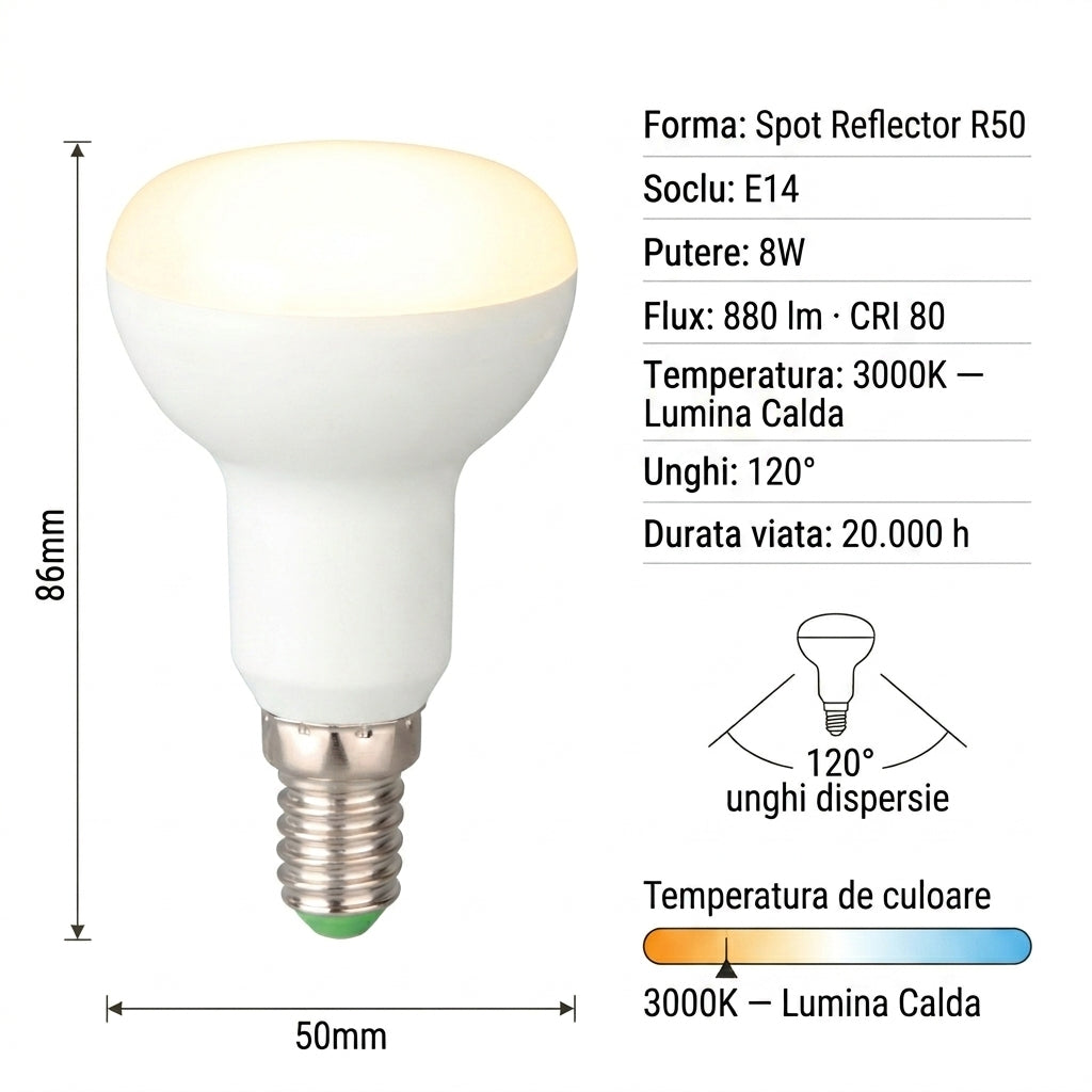 Bec LED Spot R50 E14 Lumina Calda 8W Echivalent 75W