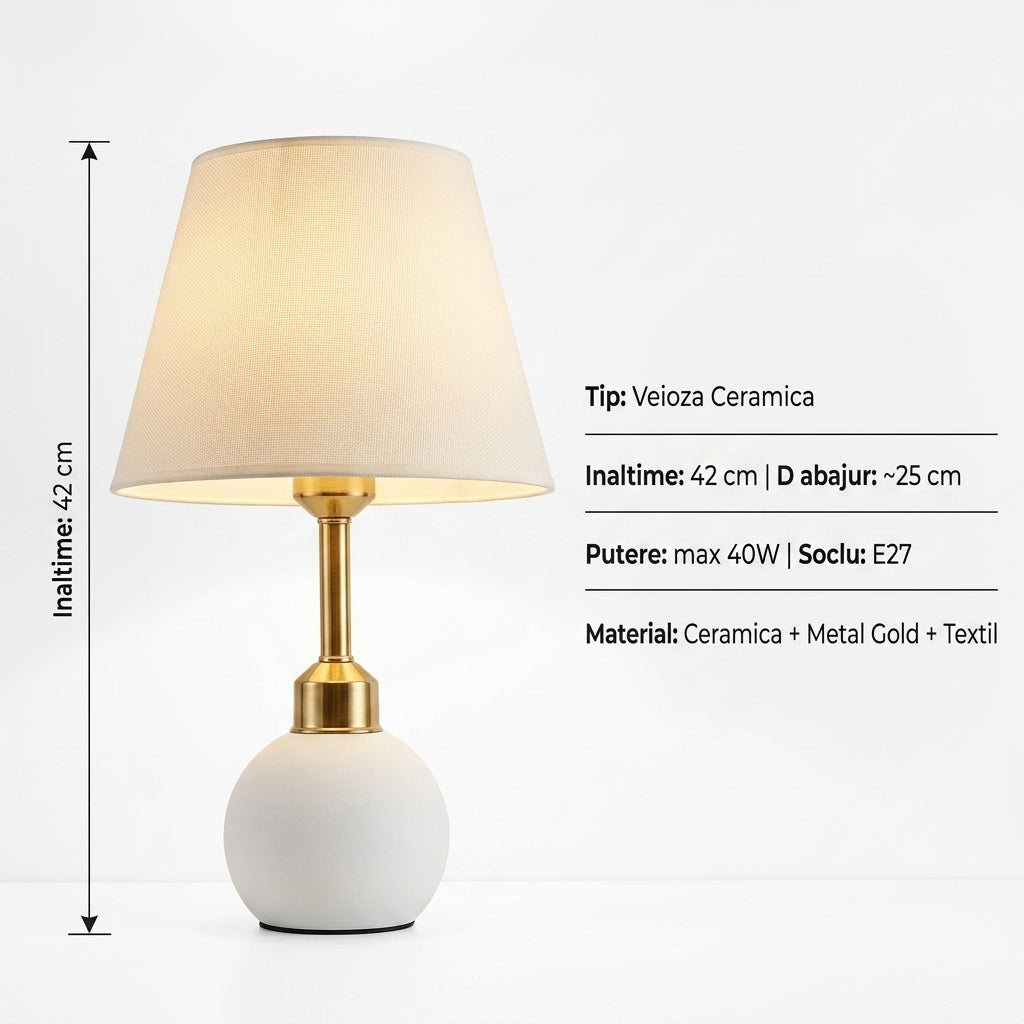 Veioza Ceramica NORLIN 1xE27 White&Gold H42cm