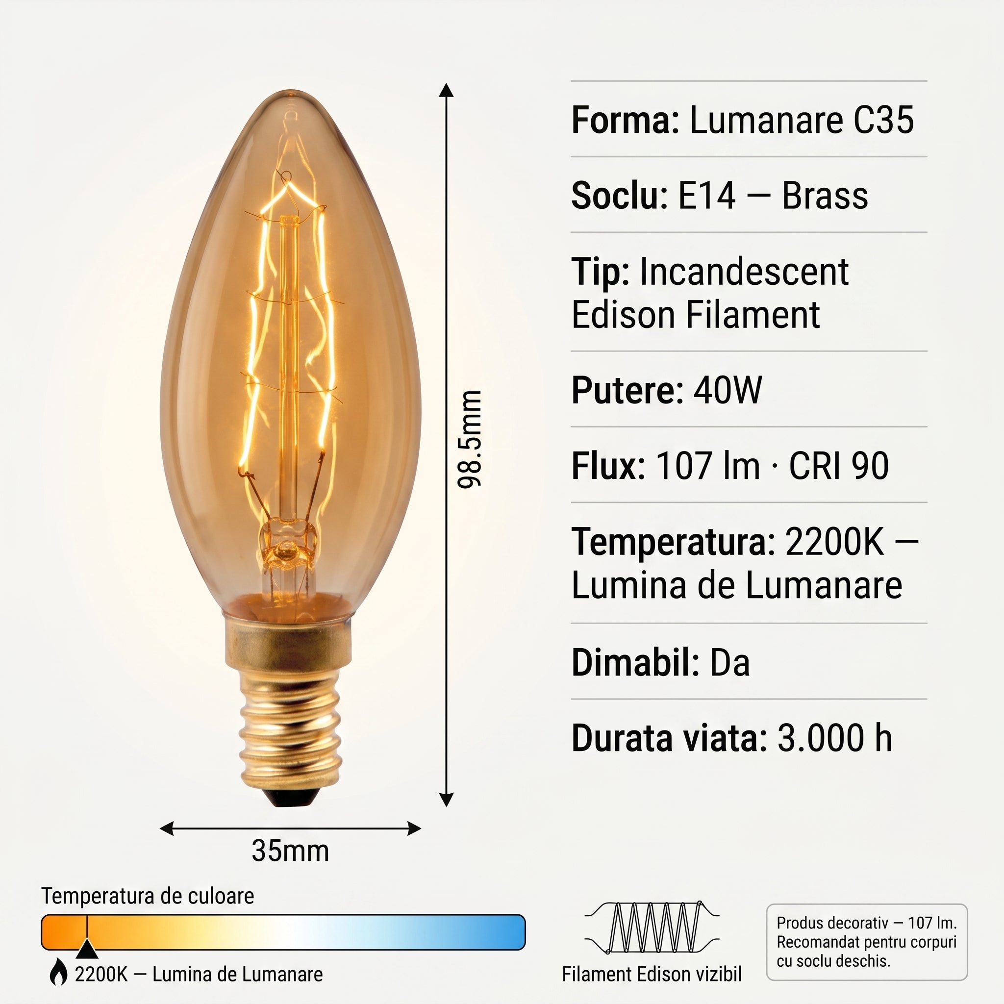 Bec Edison C35 E14 Filament Decorativ Amber Dimabil 107lm, 2200K
