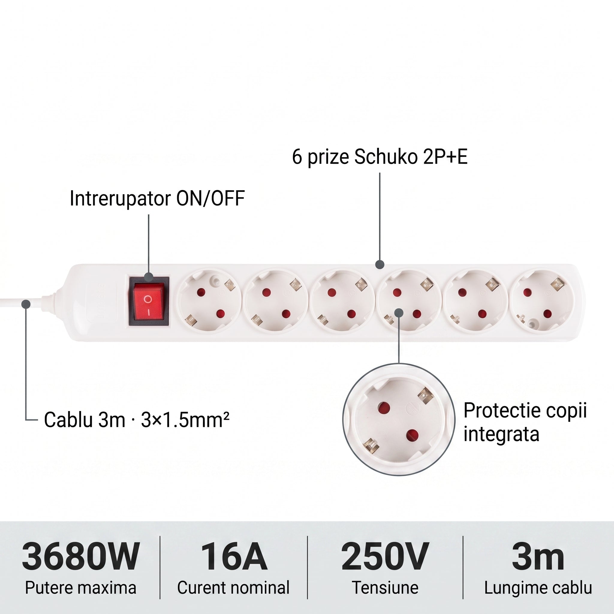Prelungitor Alb 6 Prize cu Intrerupator ON/OFF Cablu 3m