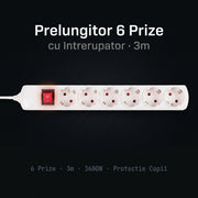 Prelungitor Alb 6 Prize cu Intrerupator ON/OFF Cablu 3m
