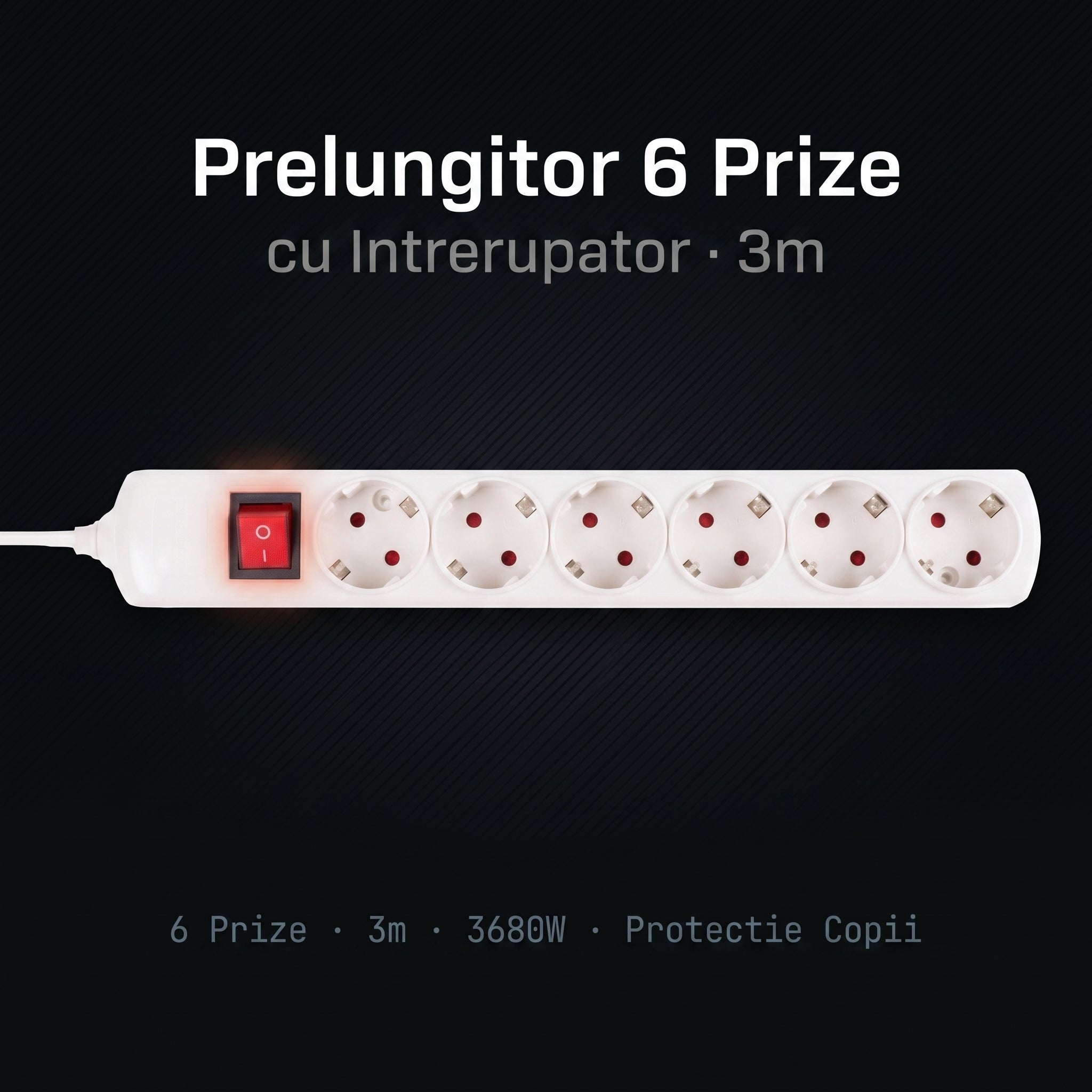 Prelungitor Alb 6 Prize cu Intrerupator ON/OFF Cablu 3m
