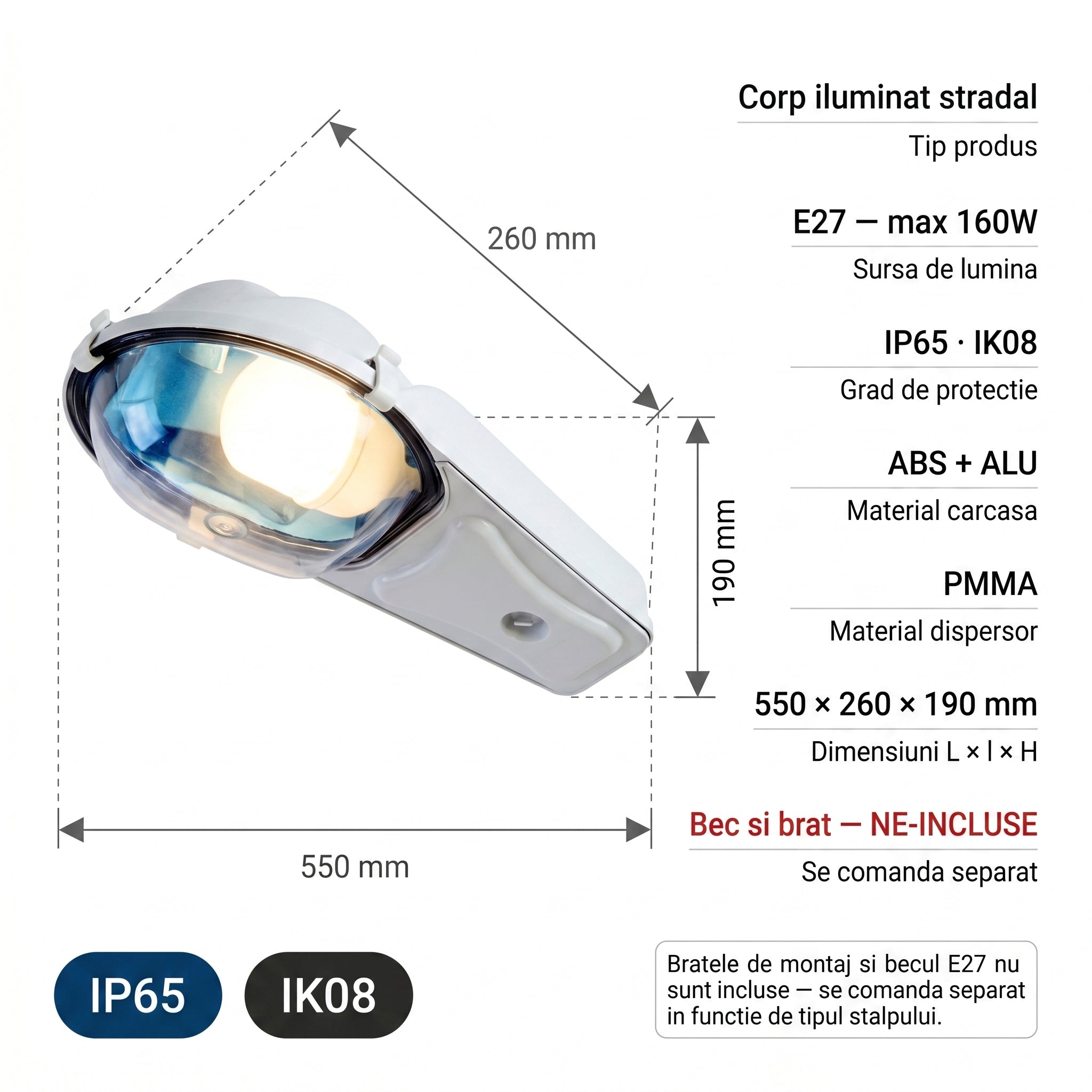 Lampa Iluminat Stradal IP65 1xE27 160W Carcasa ABS Alb