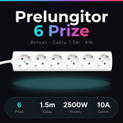 Prelungitor Alb 6 Prize cu Impamantare Cablu 1.5m