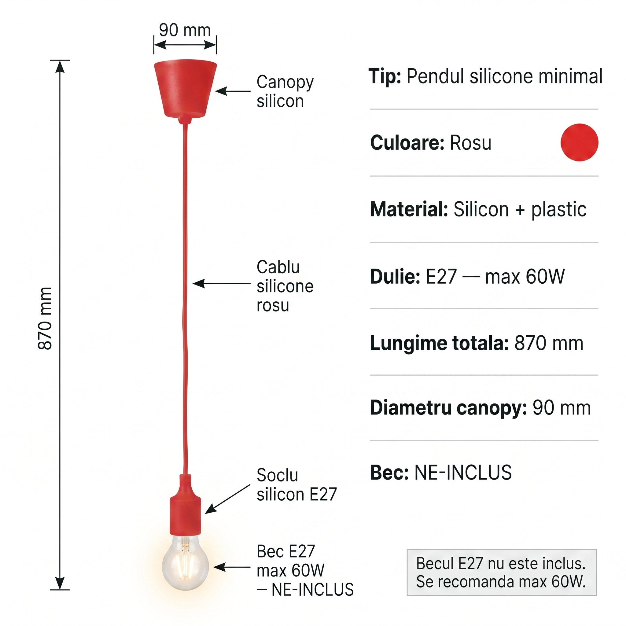 Pendul Silicone Rosu Vogue E27 60W Erste