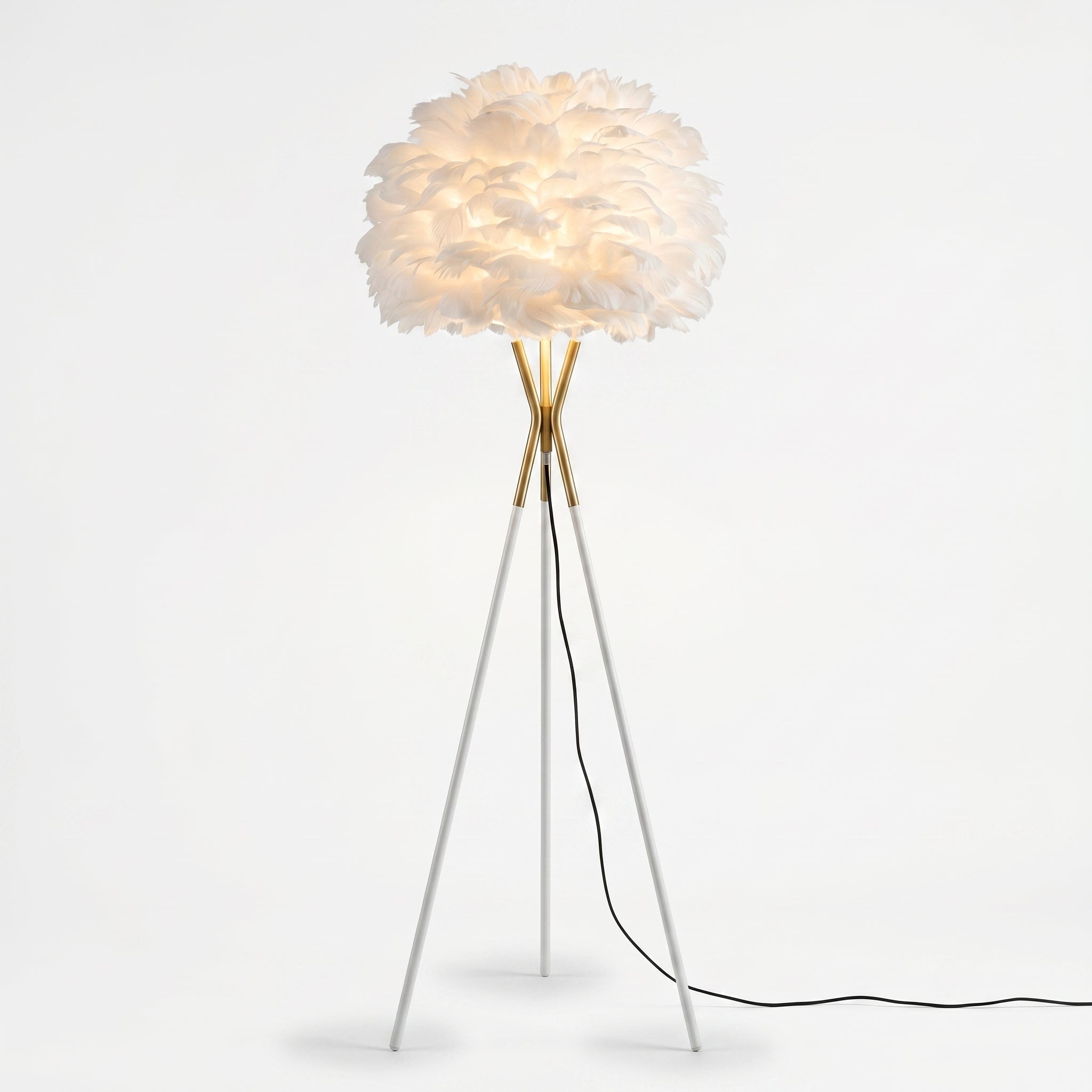 Lampadar FEATHER Abajur Pene 1xE27 150CM Trepied Metalic Alb cu Auriu