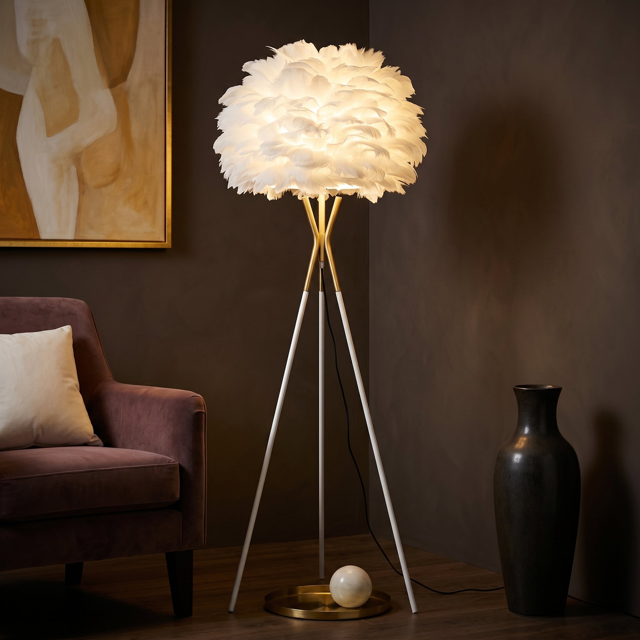Lampadar FEATHER Abajur Pene 1xE27 150CM Trepied Metalic Alb cu Auriu