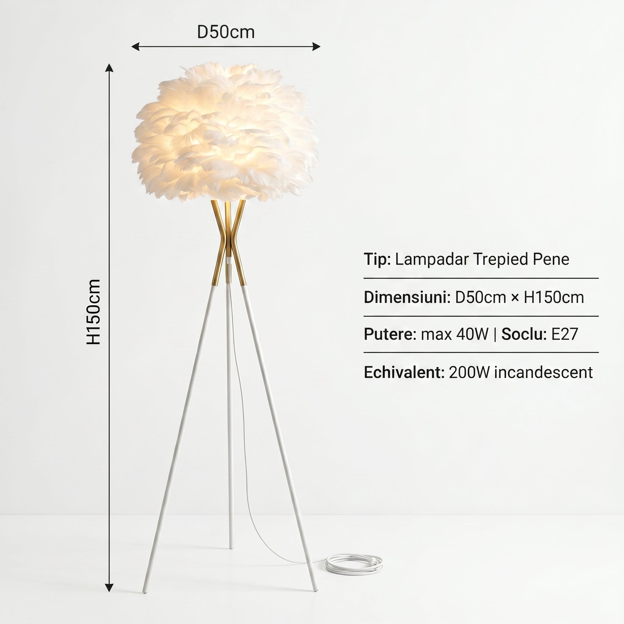 Lampadar FEATHER Abajur Pene 1xE27 150CM Trepied Metalic Alb cu Auriu